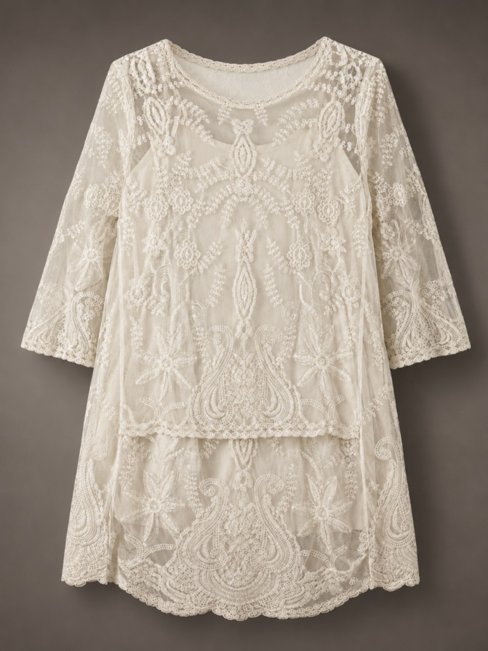 En Crème Ivory Lace Boho Tunic Dress Size Medium